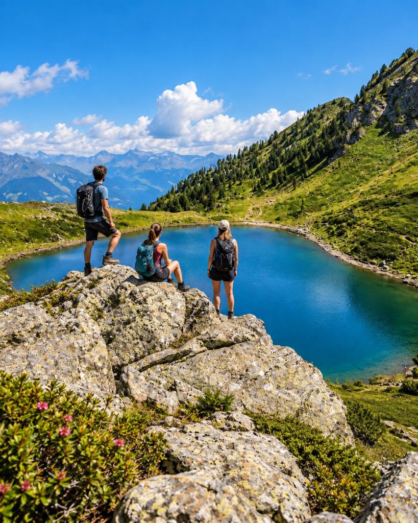 Escursionisti sulle rocce sopra un lago alpino