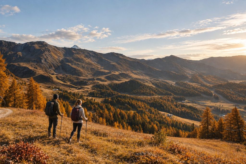 Due escursionisti tra i larici dorati in autunno
