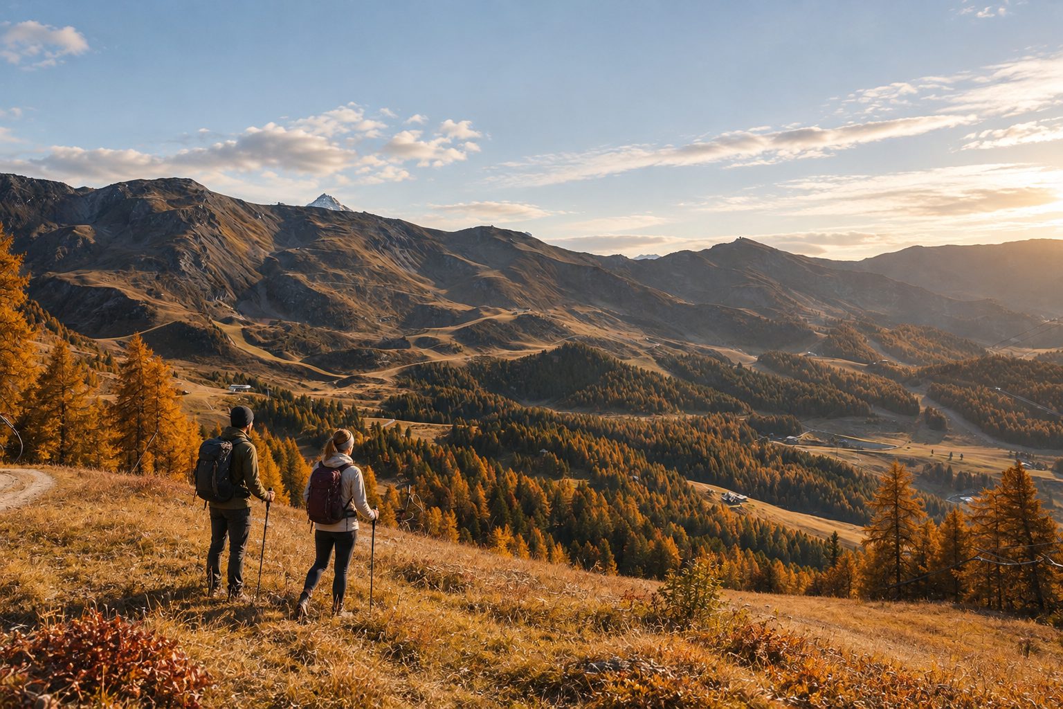 Due escursionisti tra i larici dorati in autunno