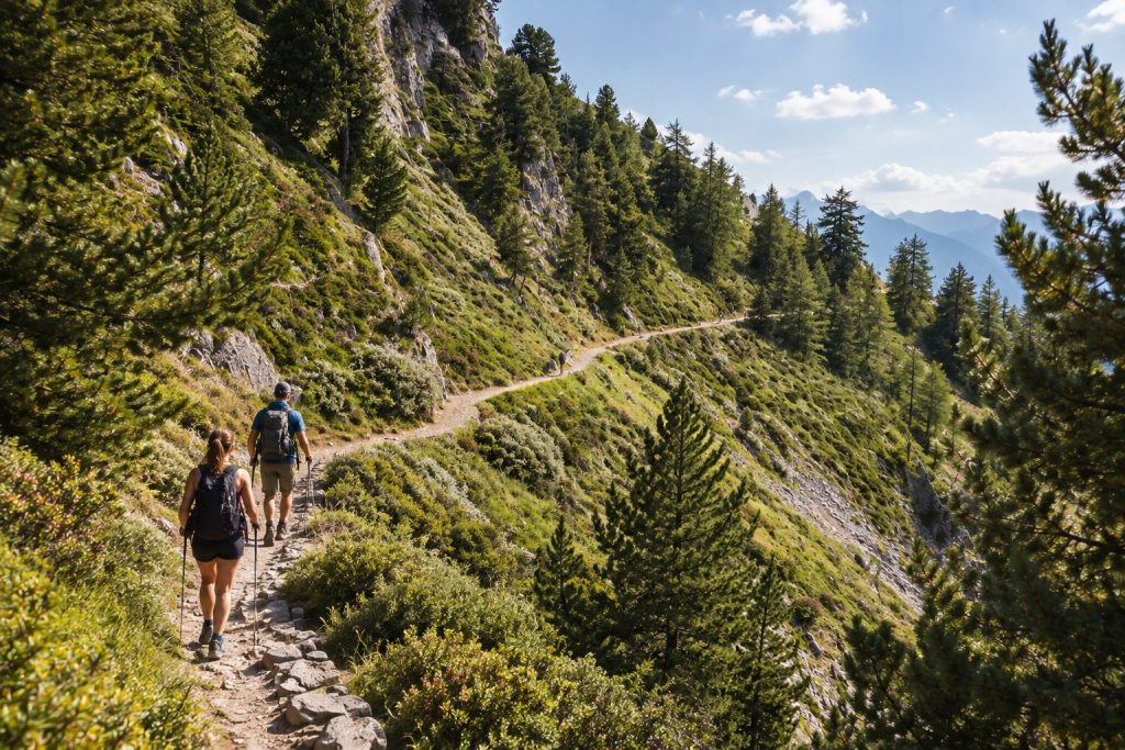 Due escursionisti su un sentiero di montagna tra i larici in autunno