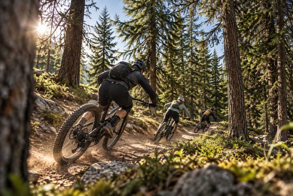 Biker in discesa su un trail tra i larici del bosco