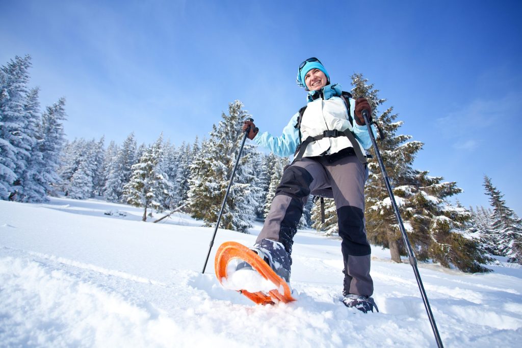Escursionista con le ciaspole nella neve fresca tra gli abeti