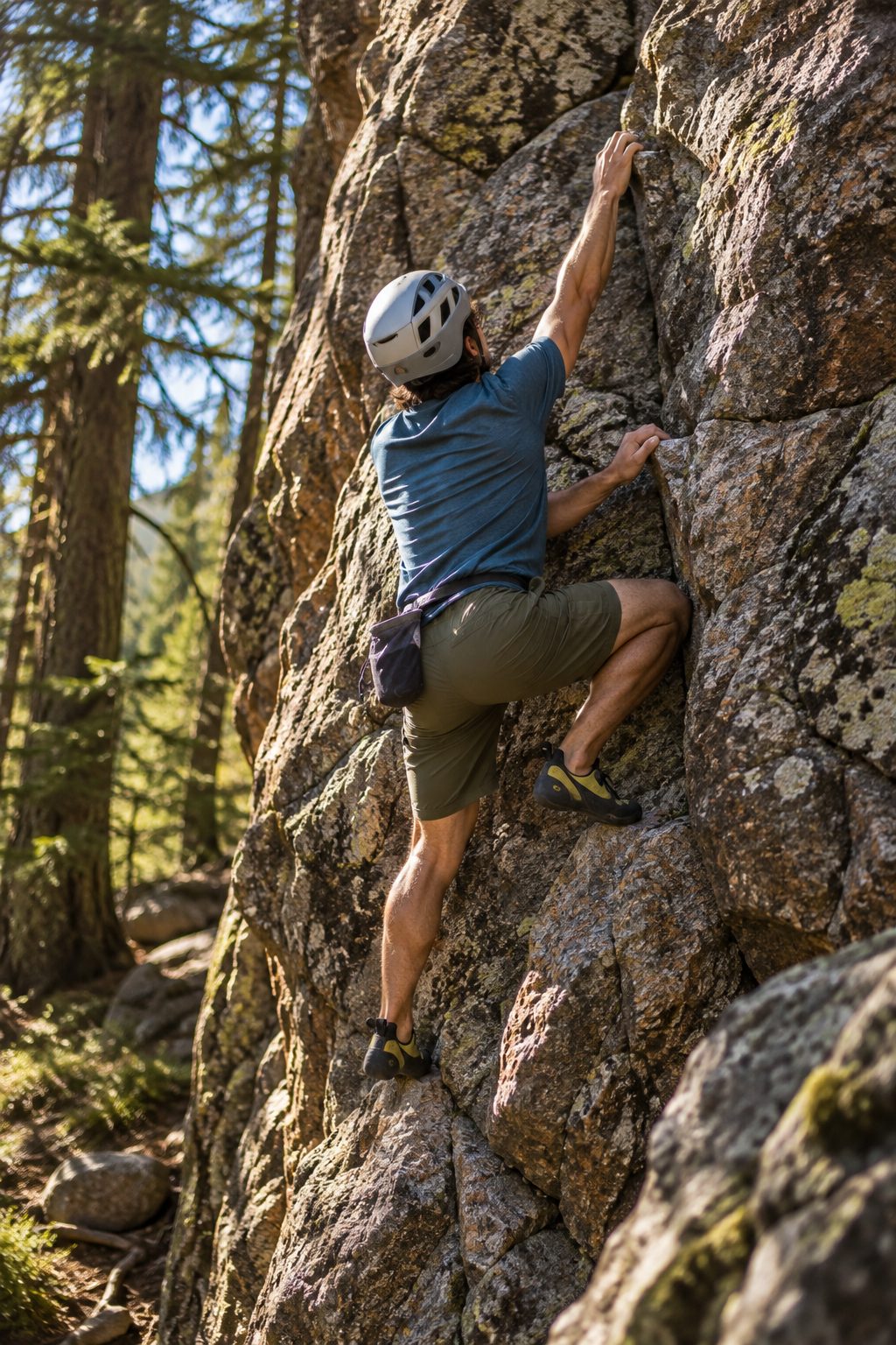 Arrampicatore con il casco su una parete di roccia nel bosco