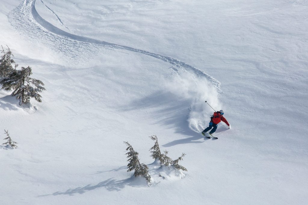 Sciatore freeride in neve fresca su un pendio fuoripista