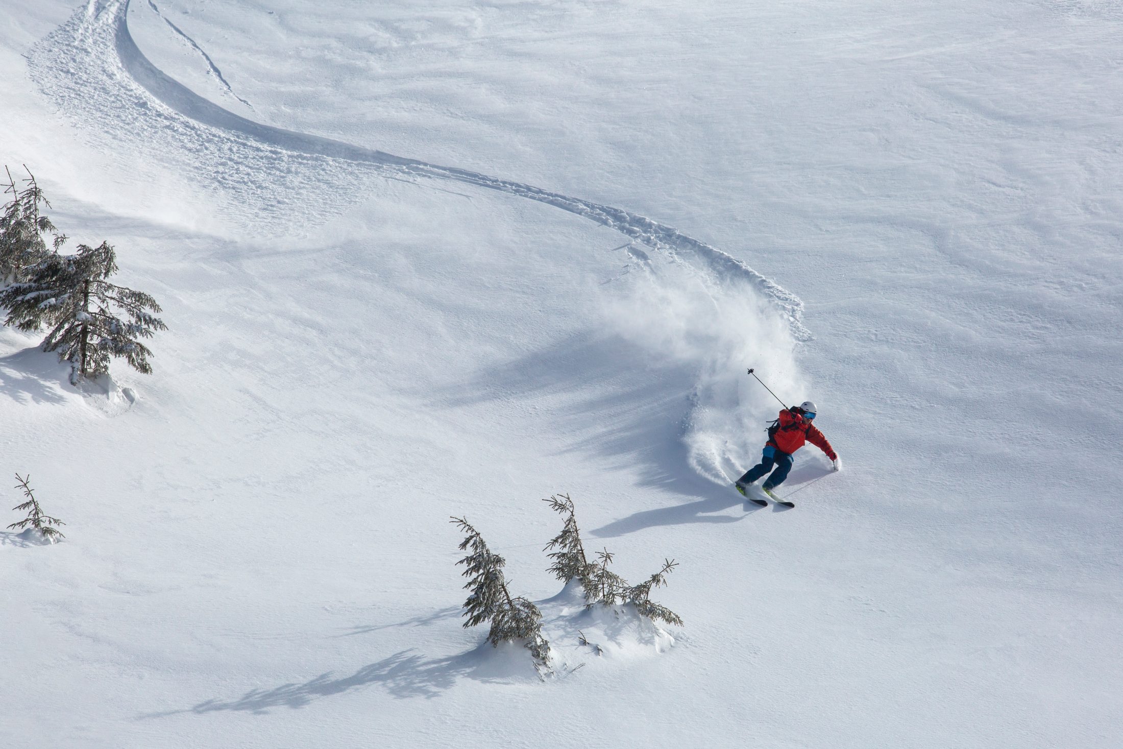 Sciatore freeride in neve fresca su un pendio fuoripista