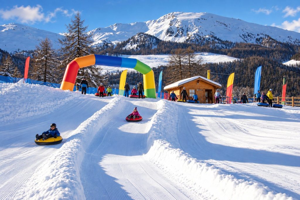Bambini sui gommoni da snow tubing al FunPark Chacard di Pila