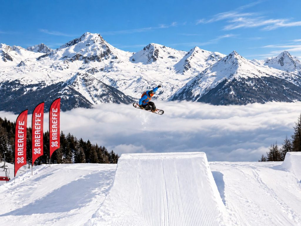 Snowboarder in salto su un kicker dello snowpark AREAEFFE, sopra un mare di nuvole