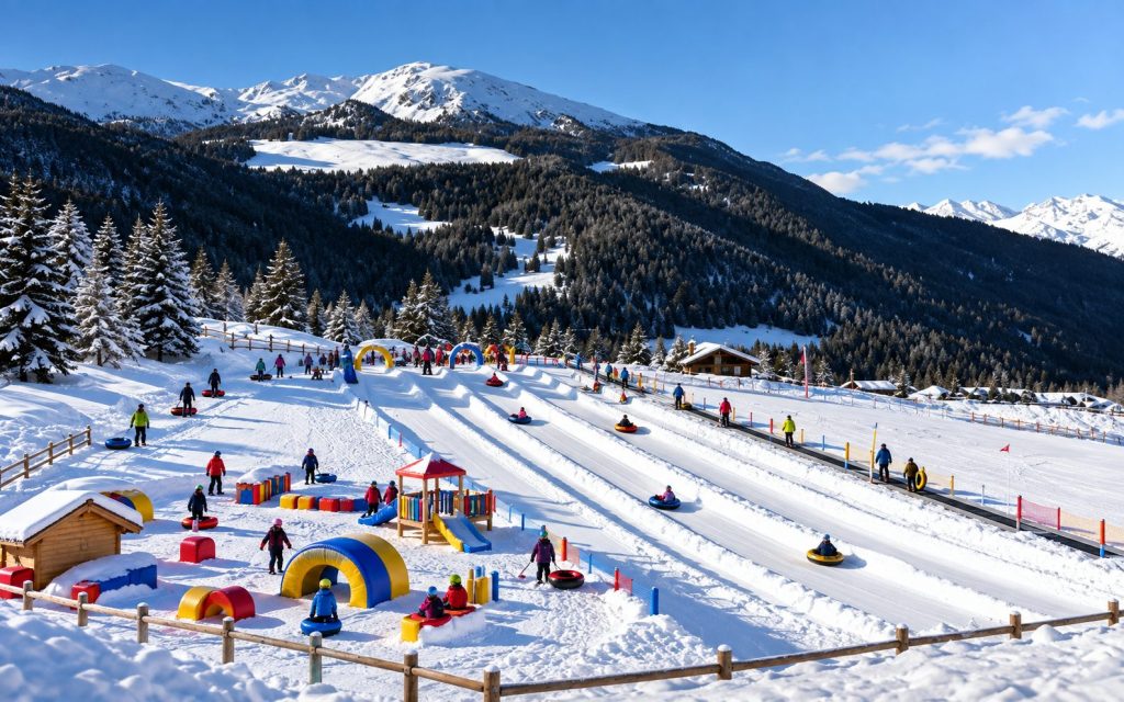 Piste di snow tubing e giochi sulla neve del FunPark Chacard, tra i boschi di Pila