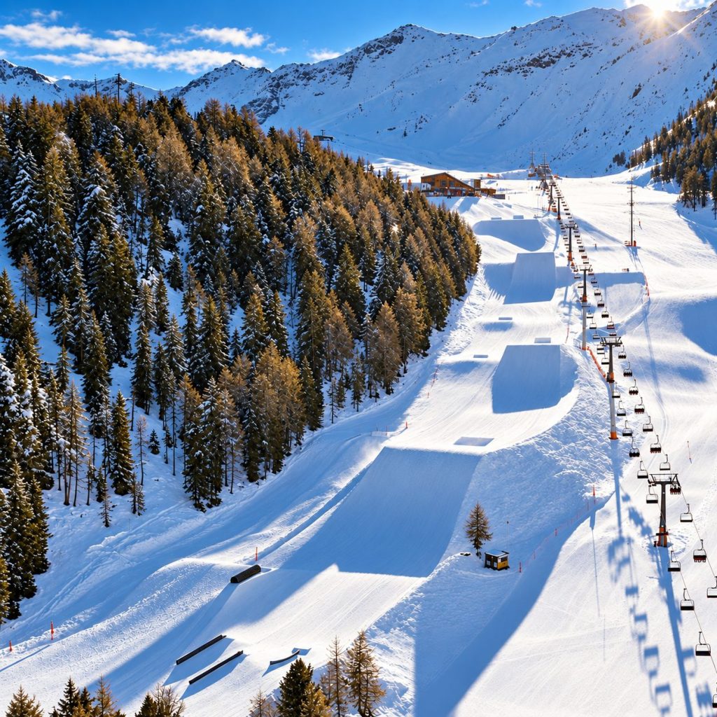 Lo snowpark AREAEFFE visto dall'alto, con kicker, rail e seggiovia lungo la pista