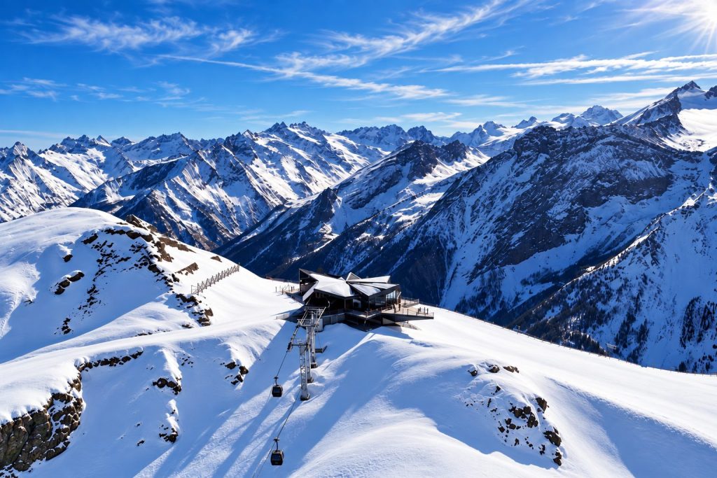 La Stella di Pila e l'arrivo della telecabina con il panorama delle Alpi innevate